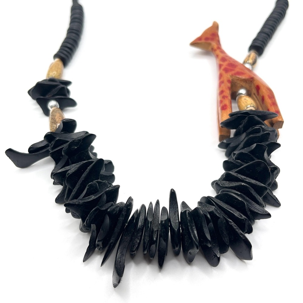 Vintage Chunky Wooden African Black Beaded 20" Necklace w/ Giraffe Side Pendant